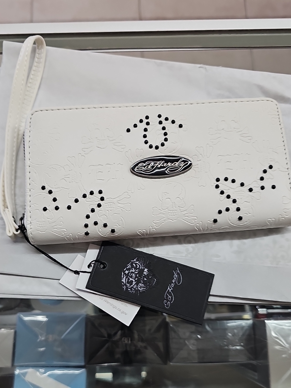New Women Ed Hardy White Embossed Wristlet with Black Stud Accents